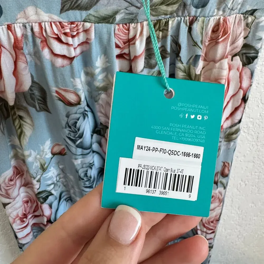 NEW NWT Posh Peanut Floral Scoop Neck Short Sleeve Wide Leg Jumpsuit Blue 3T-4T - Picture 8 of 9